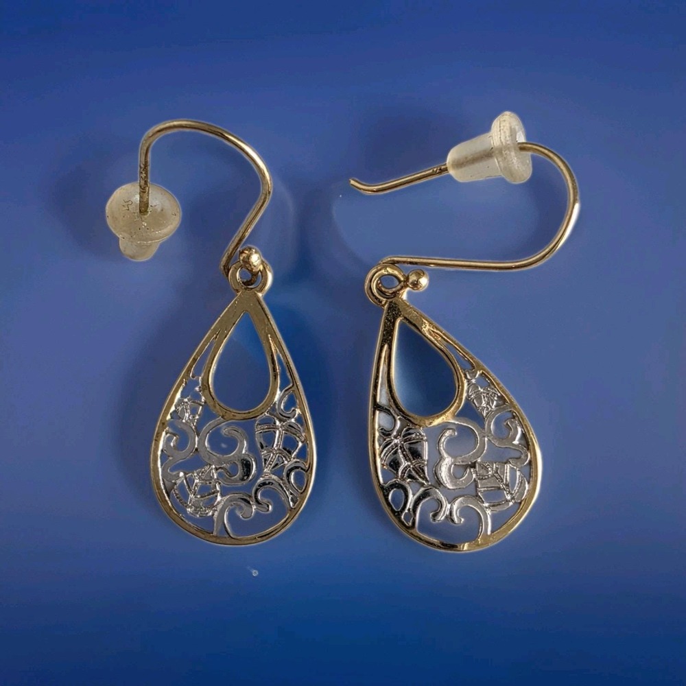 Sterling Silver 925 Two Tone Earrings Teardrop Filigree Gold Vermeil 925 D Mark
